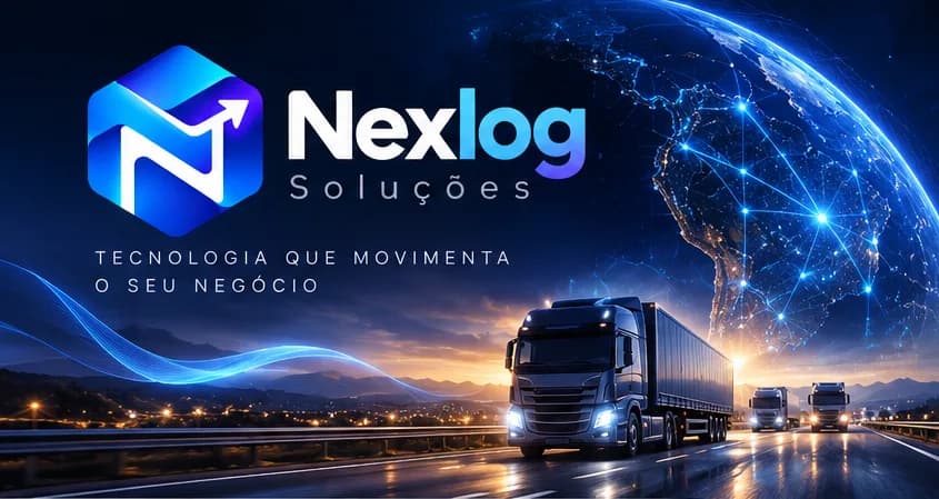 Caminhão em rodovia noturna com rede global de conexões sobre o planeta, marca NexLog Soluções